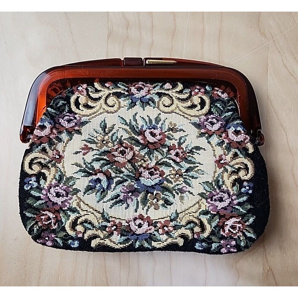 Vintage Floral Tapestry Clutch Evening Bag Hinged Kiss Lock